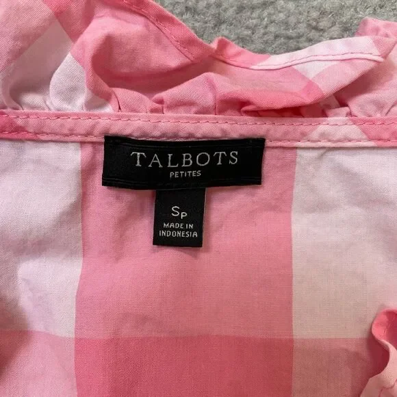 Talbots Womens Check Print Ruffled V-neck Sleeveless Top Pink White Small 4-6 - Picture 3 of 7